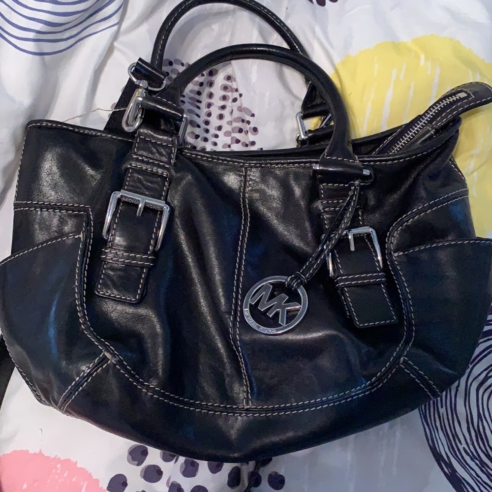 Michael Kors black leather buckle strap shoulder bag